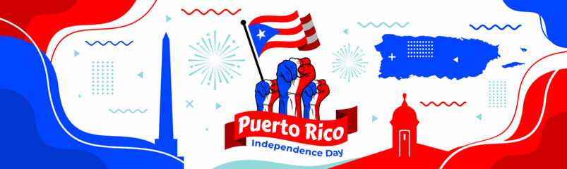 Puerto Rican Day. National happy holiday. Festival and parade in honor of independence and freedom. Puerto Rico flag. Latin american country. Patriotic elements. Vector poster illustration

