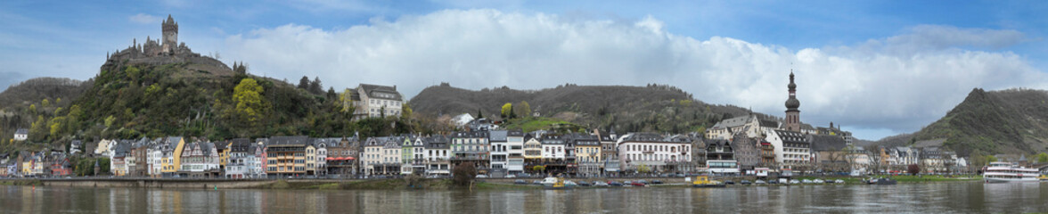 Fototapeta na wymiar Riverboat at Cochem Rhineland-Palatinate Germany. Panorama. River Moselle. Castle.