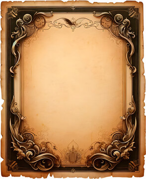 Blank old paper with vintage antique border. Vintage paper or parchment sheet isolated on transparent background.