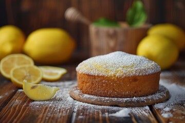Lemon cake with powdered sugar on table