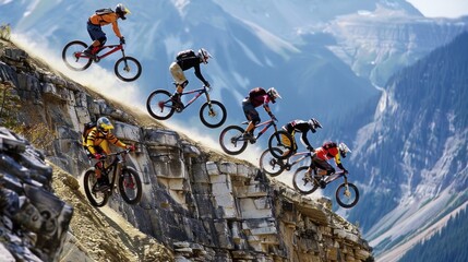 Thrill-seeking Cyclists Conquer Mountain Summit - obrazy, fototapety, plakaty