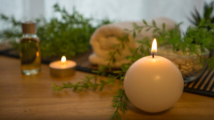 Obraz na płótnie Canvas Background image of a lit candle in the foreground and spa decoration objects on the table