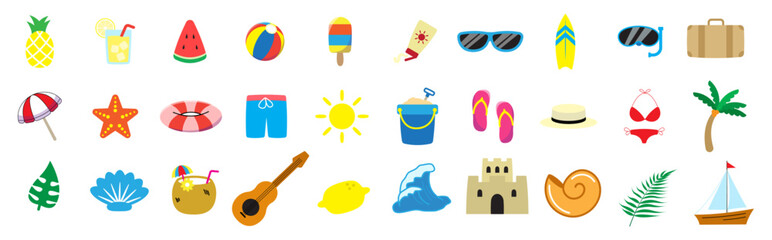beach summer vibes cute icon set, ocean summer season symbol object