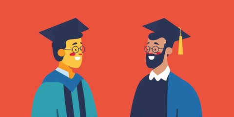 Two men in graduation caps and gowns are smiling at the camera. Concept of accomplishment and pride in their academic achievements