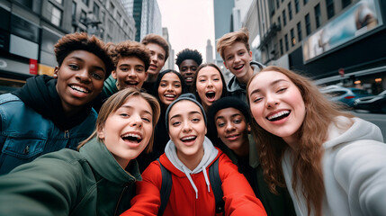 Selfie of young smiling multinational, Multi Ethnic teenagers having fun together. Best friends taking selfie outdoors in the big New Yourk city. Happy friendship concept and travel together.
