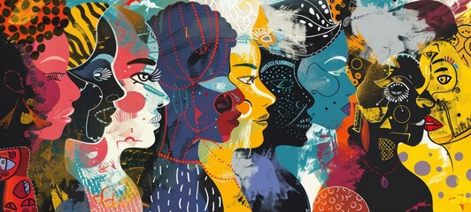 A colorful painting of many faces with one saying "The world is full of people". The painting is a collage of different faces and colors, with some faces being more prominent than others