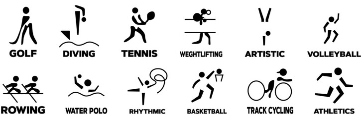 Summer sports icons. Vector isolated pictograms on white background with the names of sports disciplines of Paris Olympics. Unofficial Paris Olympics pictograms. - obrazy, fototapety, plakaty