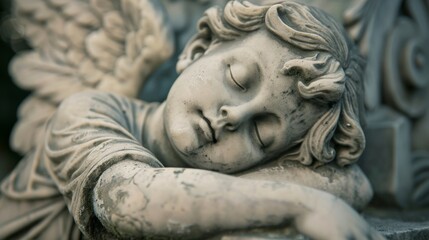 Fototapeta na wymiar Garden Statue Vintage Close-up. Sleeping Angel At La Recoleta Cemetery In Buenos