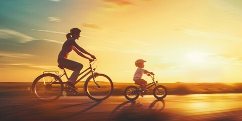 Obraz premium A woman and a child are riding bicycles together. The woman is wearing a red shirt and the child is wearing a white helmet. The scene is set against a backdrop of a beautiful sunset, creating a warm