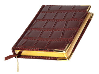 A leather-bound notebook with gold pages. Isolated white background	