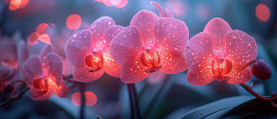 a many pink flowers with red lights in the background