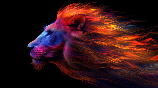 A lion with a fiery mane is the main focus of the image