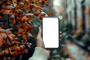 smartphone mockup, hand holding phone outdoors, mobile app advertising, blank white screen