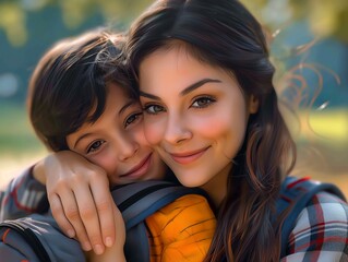 A woman and a child are hugging each other. The woman is smiling and the child is also smiling. The image conveys a warm and loving atmosphere
