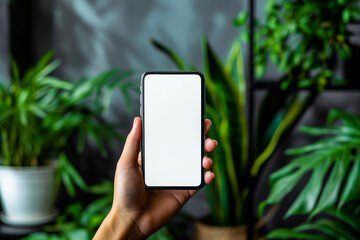 smartphone mockup, hand holding modern phone, mobile app advertising, blank white screen