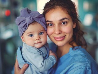 A woman is holding a baby in her arms and smiling. The baby is wearing a blue hat