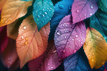Colorful leaves with water droplets, closeup, colorful background, mobile wallpaper
