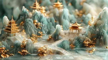 Fotobehang pink white gold carved traditional landscape scene poster background © jinzhen