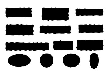 Vector black jagged paper rectangle and rounded shapes set isolated on white. Rough torn edge frames collection sticker piece, shred strip, grunge border, text box shapes. - obrazy, fototapety, plakaty