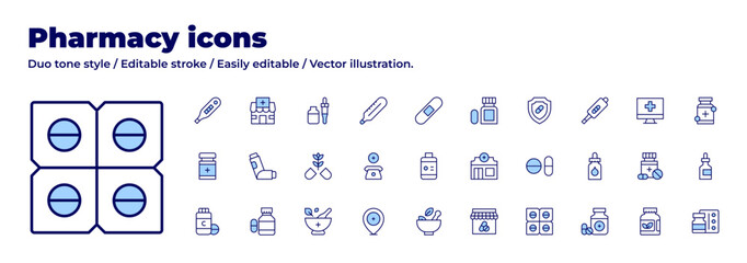 Pharmacy icons collection. Duo tone style. Editable stroke, inhaler, medicine, mortar, pill, pharmacy, online pharmacy, tablets, thermometer, phone, bandage, pregnancy test, vitamins.