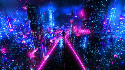 High angle view human stan on walk way which have neon light with backgrkind futuristic bustling cityscape, cyberpunk technology concept.