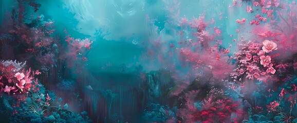 Obraz na płótnie Canvas Magenta mist weaving intricate tales amidst a surreal dreamscape of teal and coral.