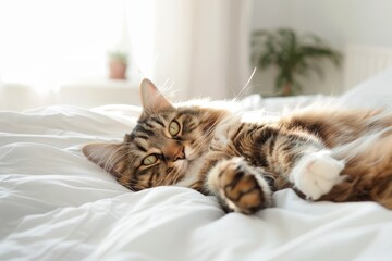 Maine coon cat lounging on white bed in sunny stylish room grooming with cute green eyes and funny emotions licking and cleaning fur Text space available