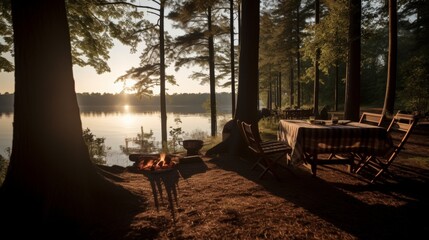 Morning camping under pine trees at sunny lakeside for serene outdoor experience