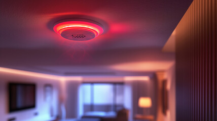 A red and white smoke detector is lit up in a room