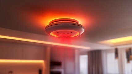A red and white fire alarm is lit up in a room