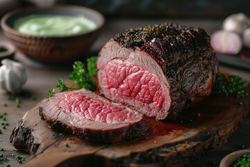 Beef steak served in wood cutting board on kitchen interior background. Grilled steak, medium rare. Slicing eye of round roasted beef with chef knife. Sirloin Tip Roast. Baked meat, salt, pepper, herb