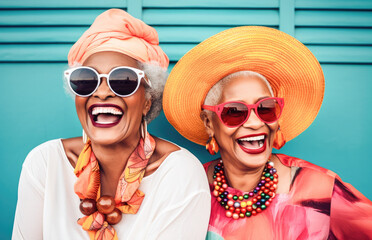 Obraz premium Outdoor portrait of females old aged friends together with sunglasses having fun. Group of mature women friends posing for a photo in summer outdoor in a leisure activity. Forever young concept. 