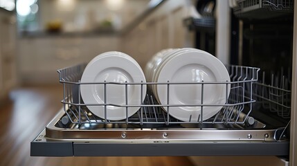 Kitchen appliance filled with plates, silverware and bowls in building.