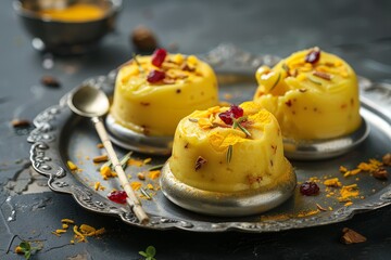 Popular Indian frozen dessert Rajasthani Shahi Kulfi with saffron and dry fruits served on a plate with bamboo sticks - obrazy, fototapety, plakaty