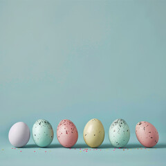 Easter colorful eggs arranged in a row on a blue background. Easter decoration. Pink, yellow, violet, blue easter eggs.  Copy spaace. Space for text. Generative ai.