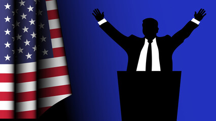 The silhouette of an American Democratic politician speaks to his constituents, with the country's flag on the left