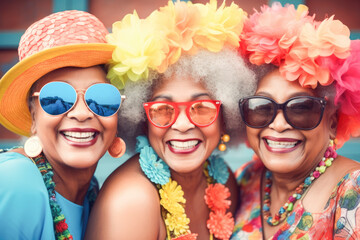 Outdoor portrait of females old aged friends together with sunglasses having fun. Group of mature women friends posing for a photo in summer outdoor in a leisure activity. Forever young concept.  - Powered by Adobe