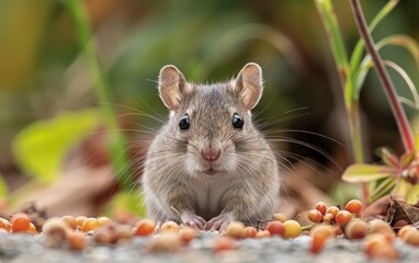 Curious wild mouse among colorful berries