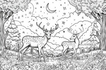Obraz premium Coloring Page A graceful couple of deer stand side by side in a lush forest setting, showcasing the tranquility and harmony of the natural world.