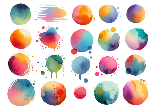 Colorful watercolor circle splashes set, ideal for artistic backgrounds, creative projects, and festivals like Holi or graphic design elements