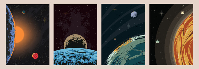 Space Illustrations. Planetary Orbits, Planets, Moon, Asteroid, Stars. Cosmic Backgrounds 
