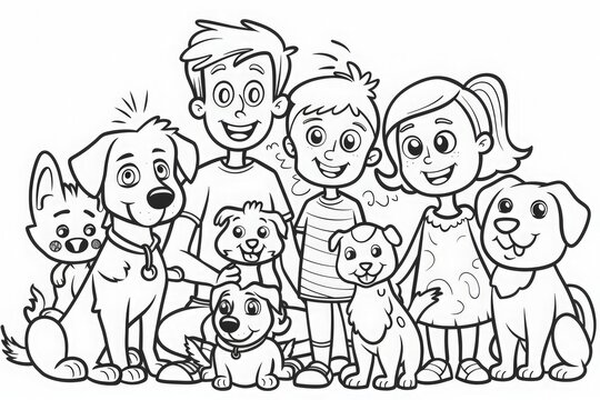 Coloring Page A family of five joyfully colors together with their dogs by their side in this fun and heartwarming coloring page.