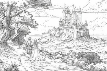 Coloring Page A magical black and white drawing of a man and woman standing in front of a majestic castle, exuding royalty and romance.