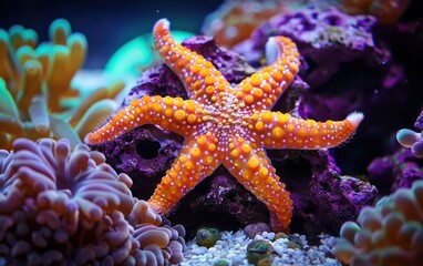 Vibrant orange starfish in marine aquarium