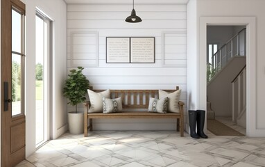 Entryway bench with plant decor and artworks