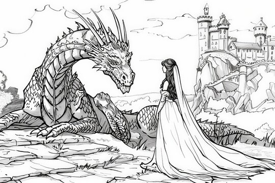 Coloring Page A stunning drawing of a powerful woman standing with a fierce dragon in front of a majestic castle, creating a scene of enchantment and magic.