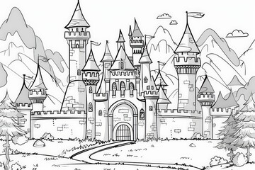 Obraz premium Coloring Page A grand castle set against a breathtaking backdrop of towering mountains under a radiant sky.