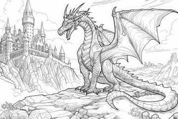 Coloring Page A powerful dragon with intricate scales sits regally on a rocky perch, exuding strength and mystery.