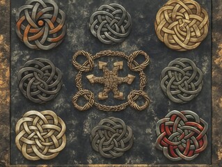 A collection of crescent shaped metal rings with a red cross in the center. The rings are of various sizes and colors, and the cross is surrounded by a circle of smaller rings. Scene is one of mystery