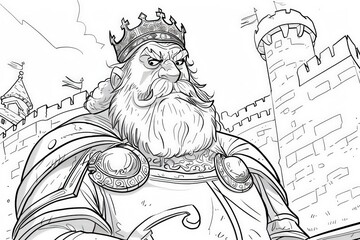 Coloring Page A regal king, adorned in royal attire, exudes authority and power in a captivating black and white drawing.